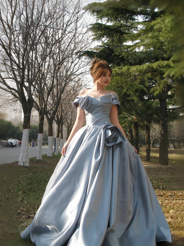 Blue A Line Off the Shoulder Flower Satin Long Party Dress Birthday Dress HZ1023